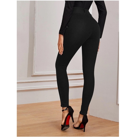 High Stretch Black Skinny Jeans  Buttons  Zipper Fly Pockets - Picture 3 of 6